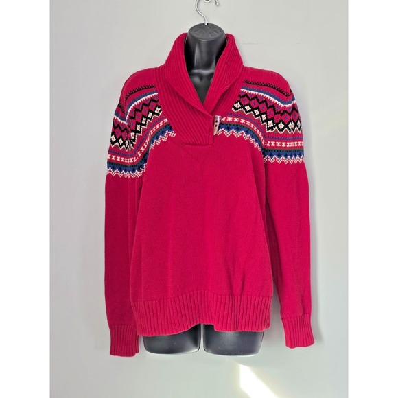 Lauren Ralph Lauren Women's Sweater Size XL Red Shawl Collar Fair Isle Toggle - Picture 1 of 15